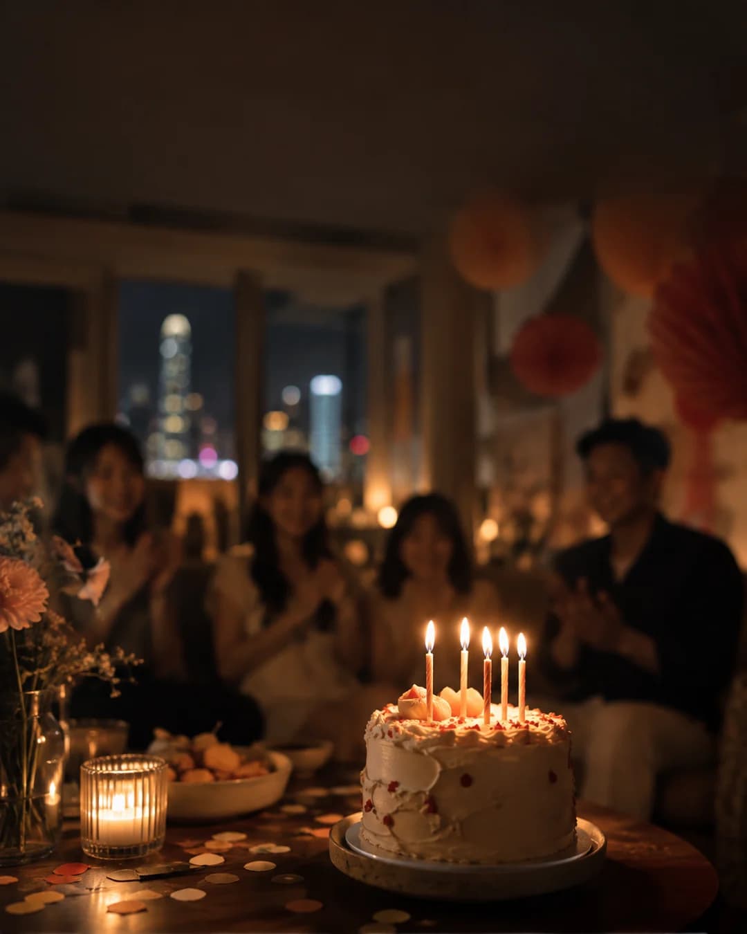 A birthday cake with lit candles, with friends blurred in the background