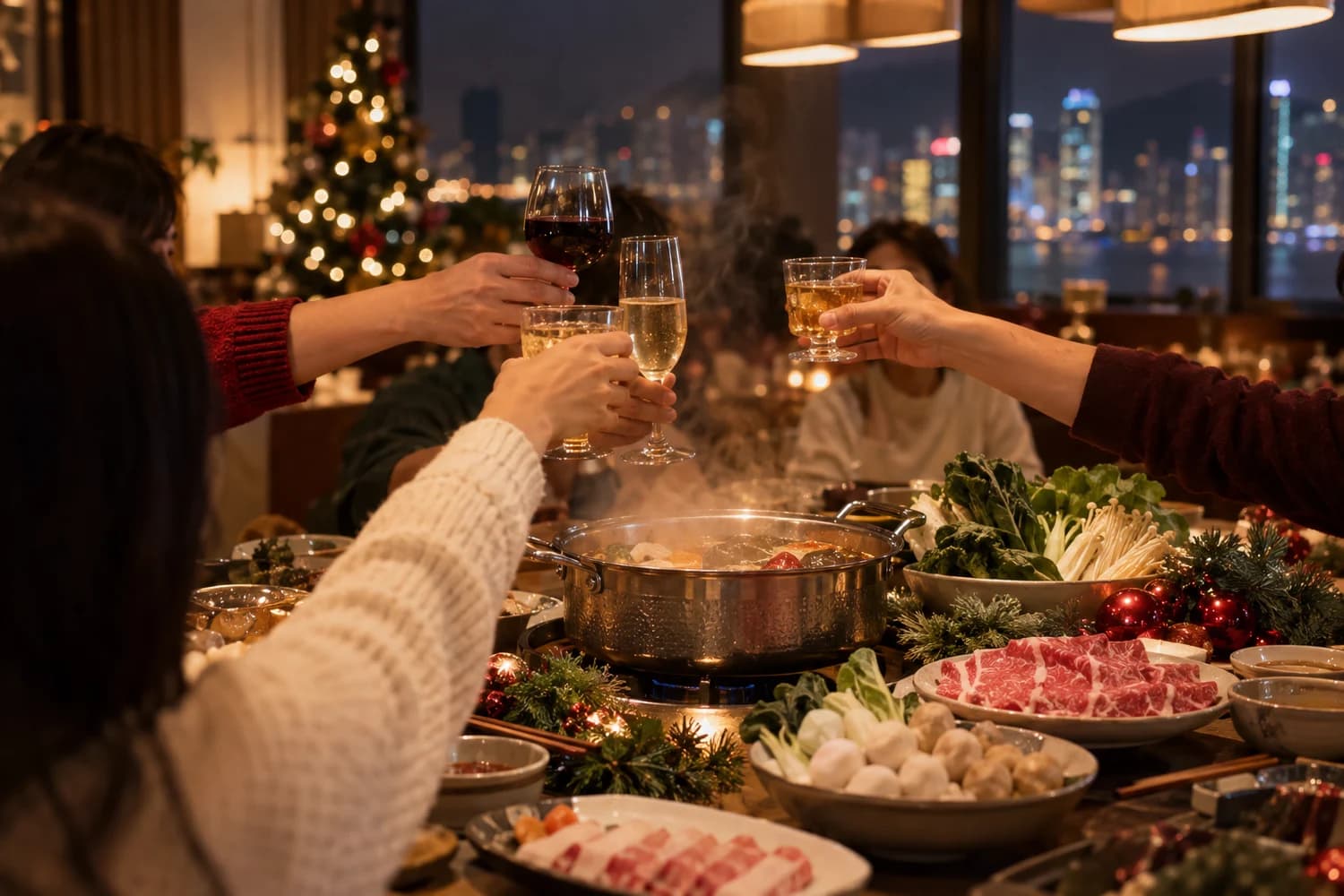 A group around a steaming hot pot, with Christmas decorations and glasses on the table