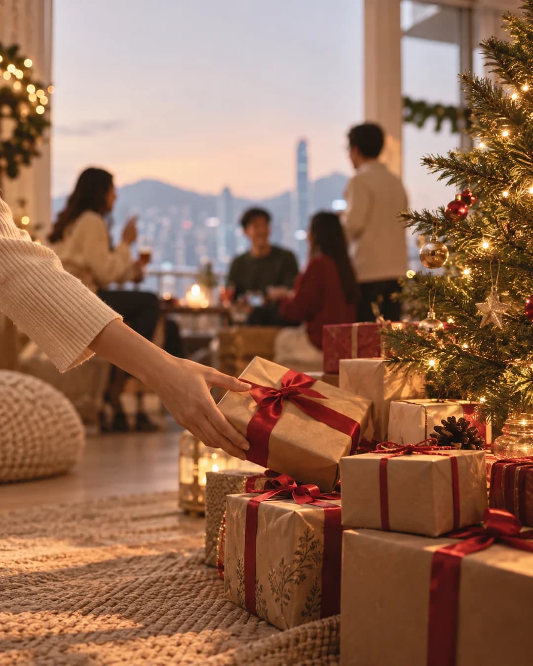 Wrapped Christmas gifts under a tree, with a hand reaching in to pick one