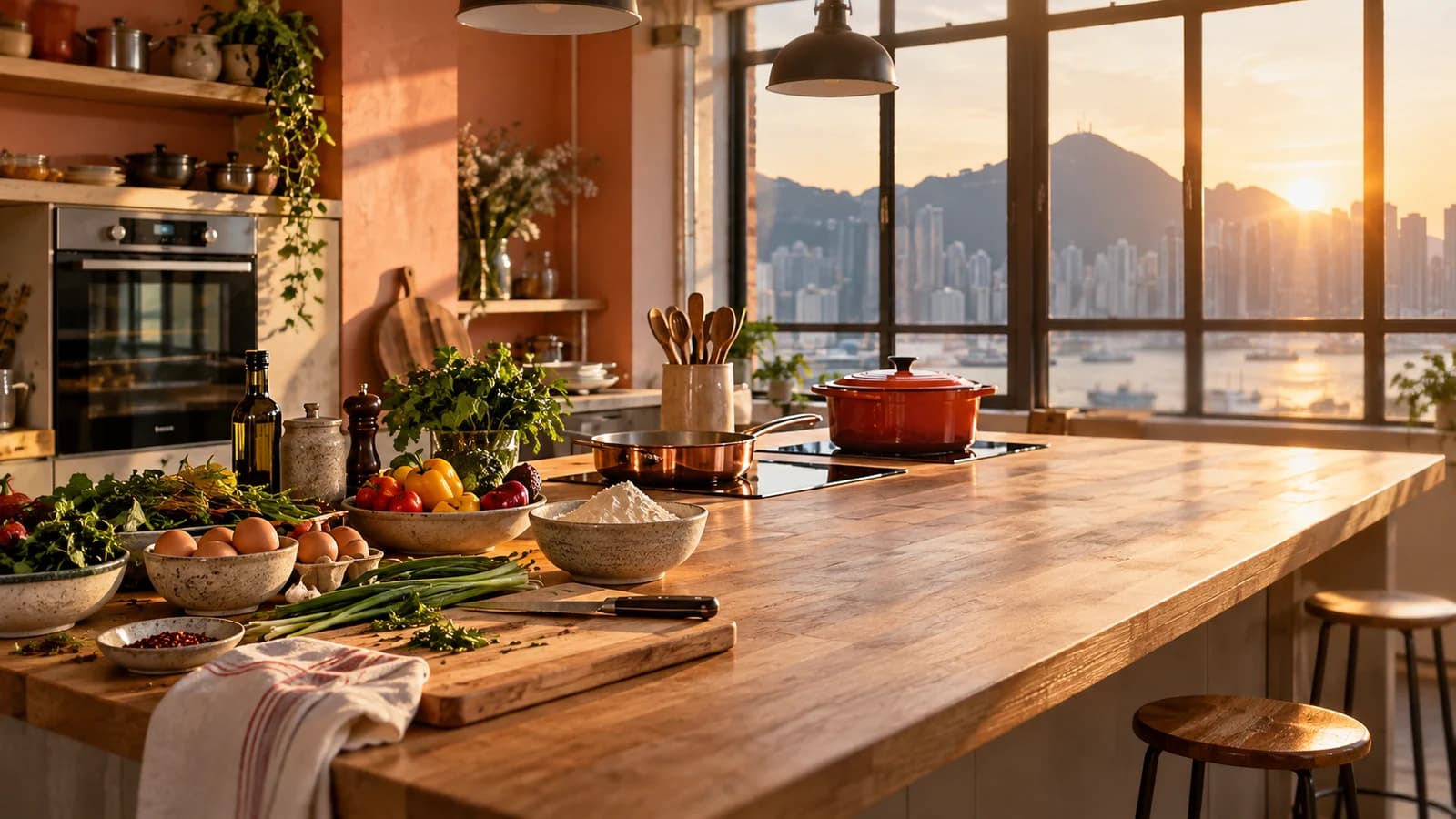 煮食 Studio 嘅長檯面擺滿新鮮食材、砧板同廚具，窗外有夕陽