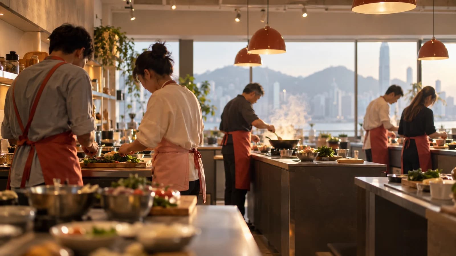 幾組人喺煮食 Studio 各自嘅工作位切菜同炒餸