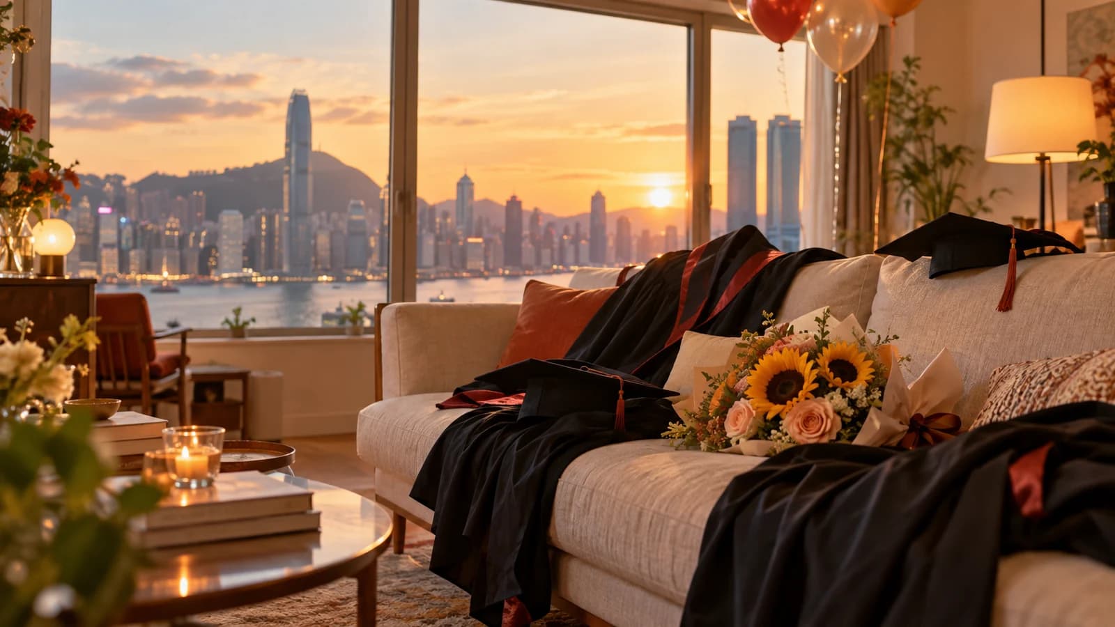 黃昏嘅 Party Room 梳化上放住畢業袍同四方帽，旁邊有花束同氣球