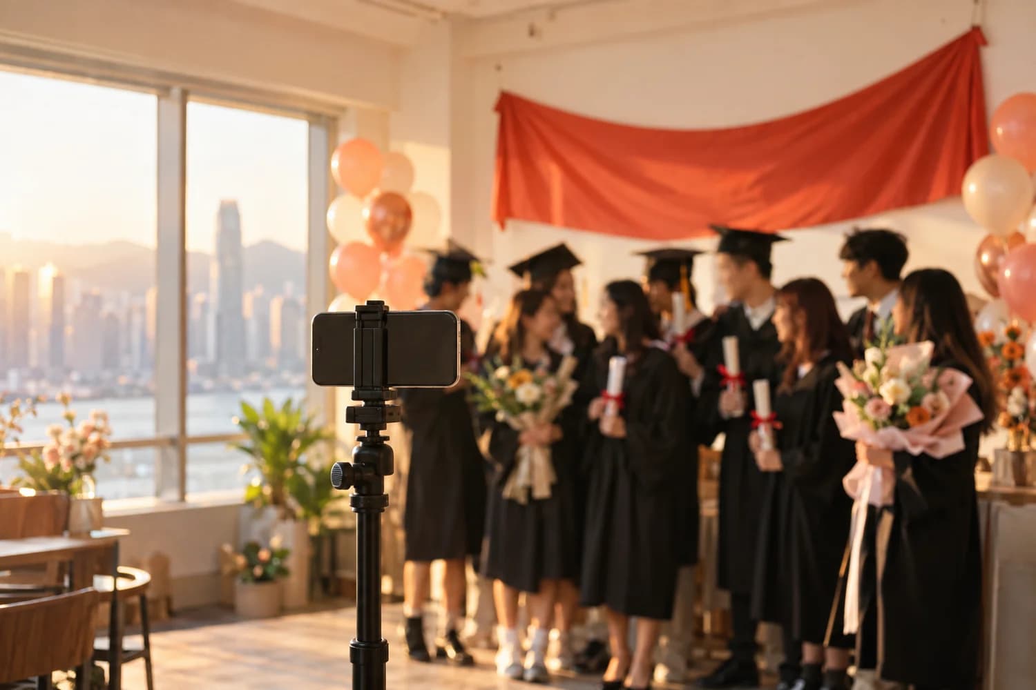 一班同學喺 Party Room 排好位影大合照，前面有人用腳架影相