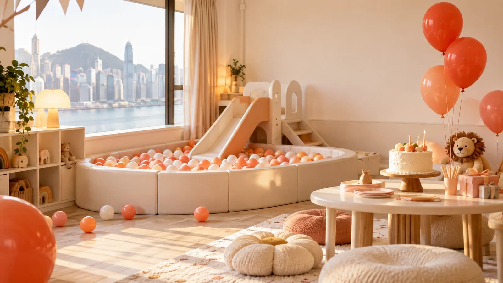 有波波池同細滑梯嘅親子 Party Room,枱上擺好生日蛋糕同氣球
