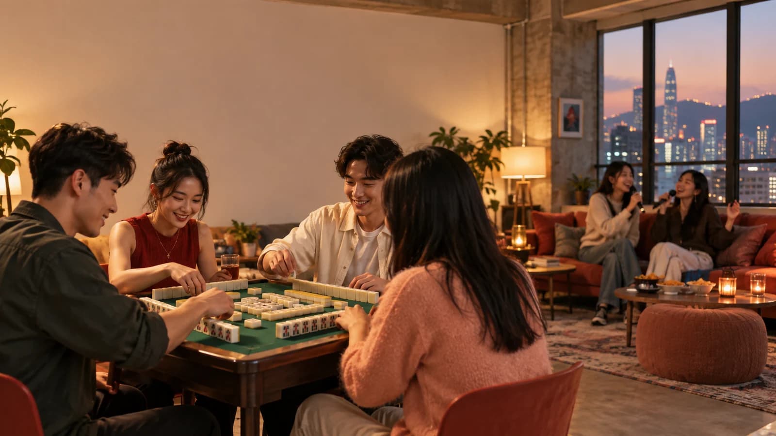 Party Room 一邊有人打麻雀，另一邊有人坐喺梳化唱 K