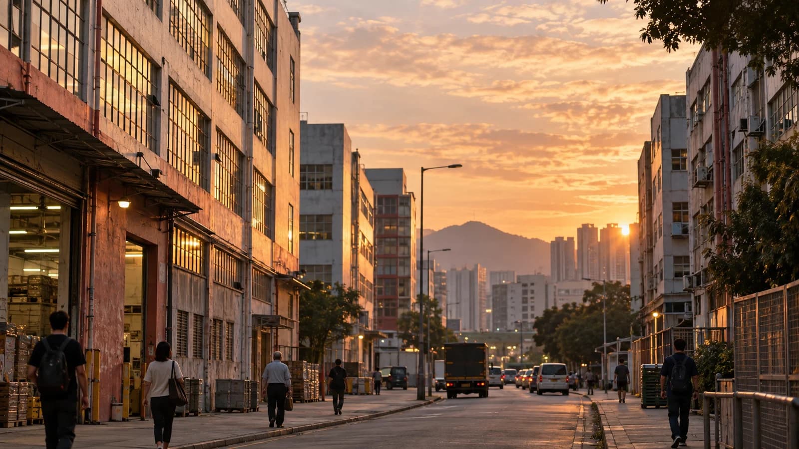 傍晚嘅新蒲崗工業區街道,兩邊係舊工廈,窗口透出燈光