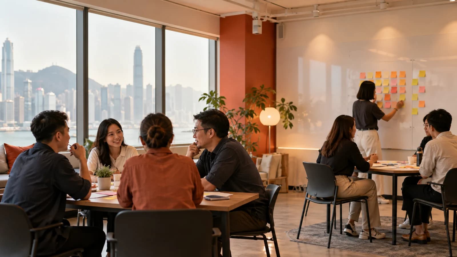 會議室入面分組做工作坊，幾個人圍住枱喺白板前討論