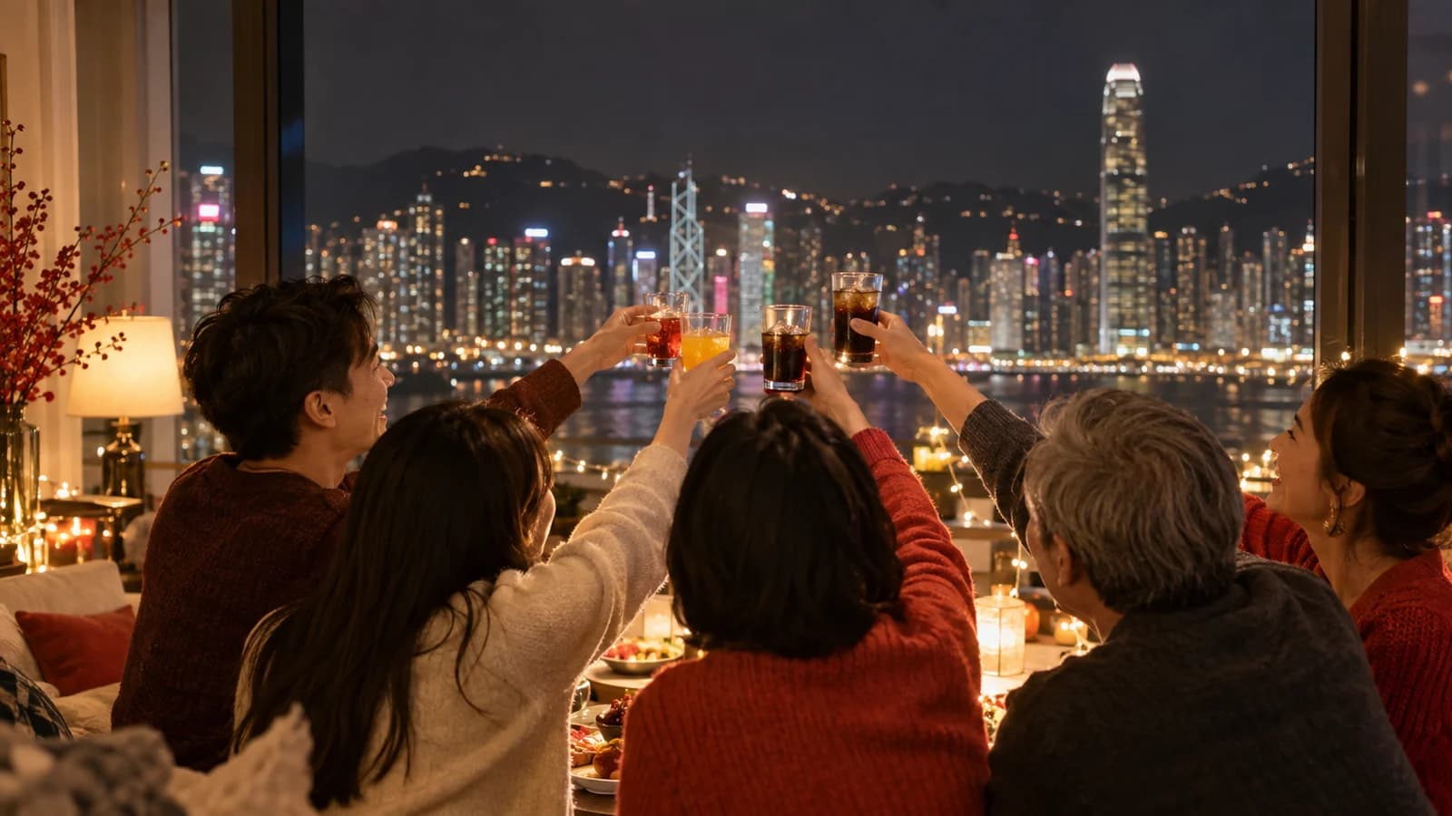 一班朋友喺 Party Room 窗邊舉杯，窗外係夜晚嘅城市燈光