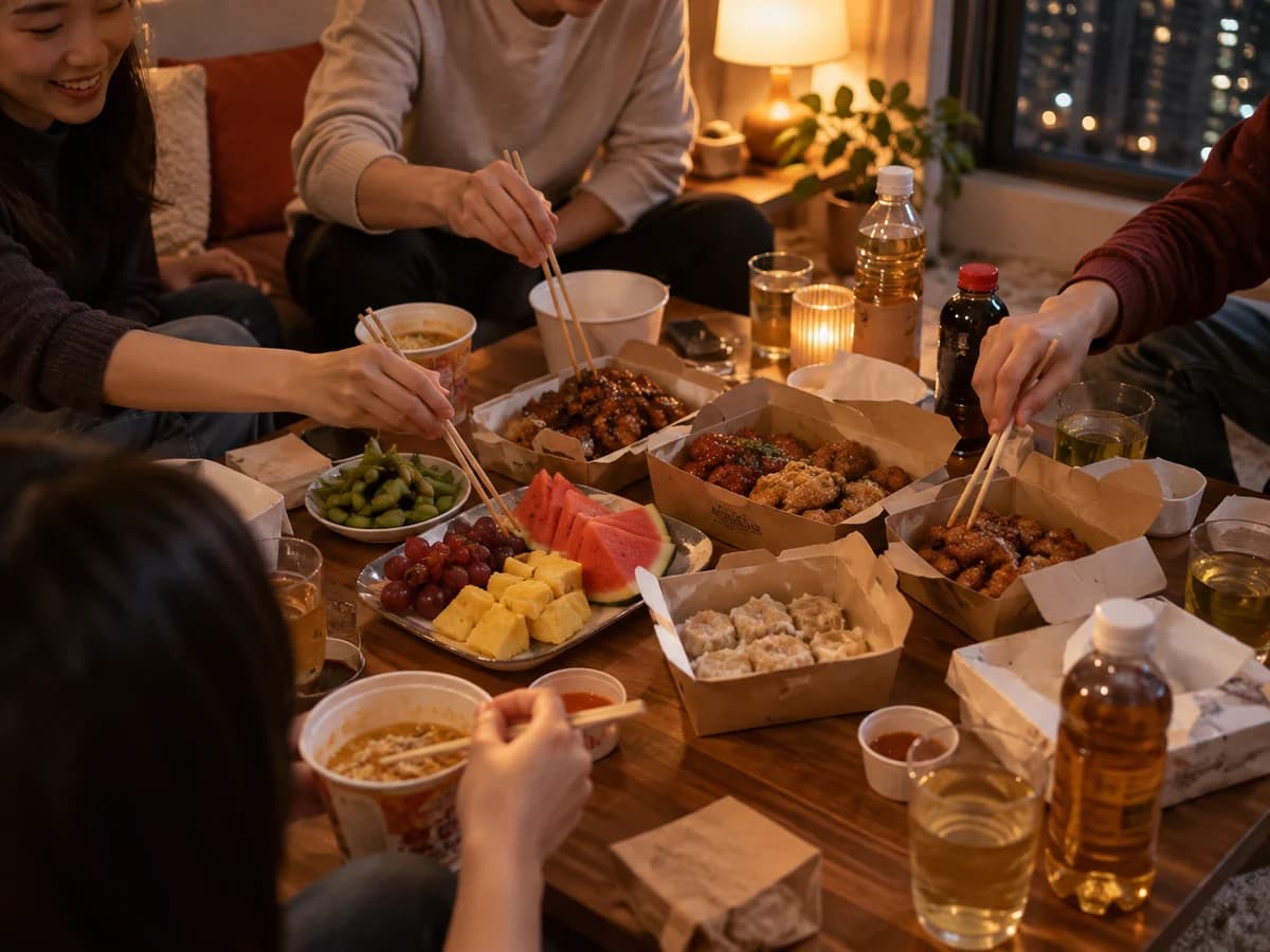 矮枱上擺滿宵夜、杯麵、水果同飲品