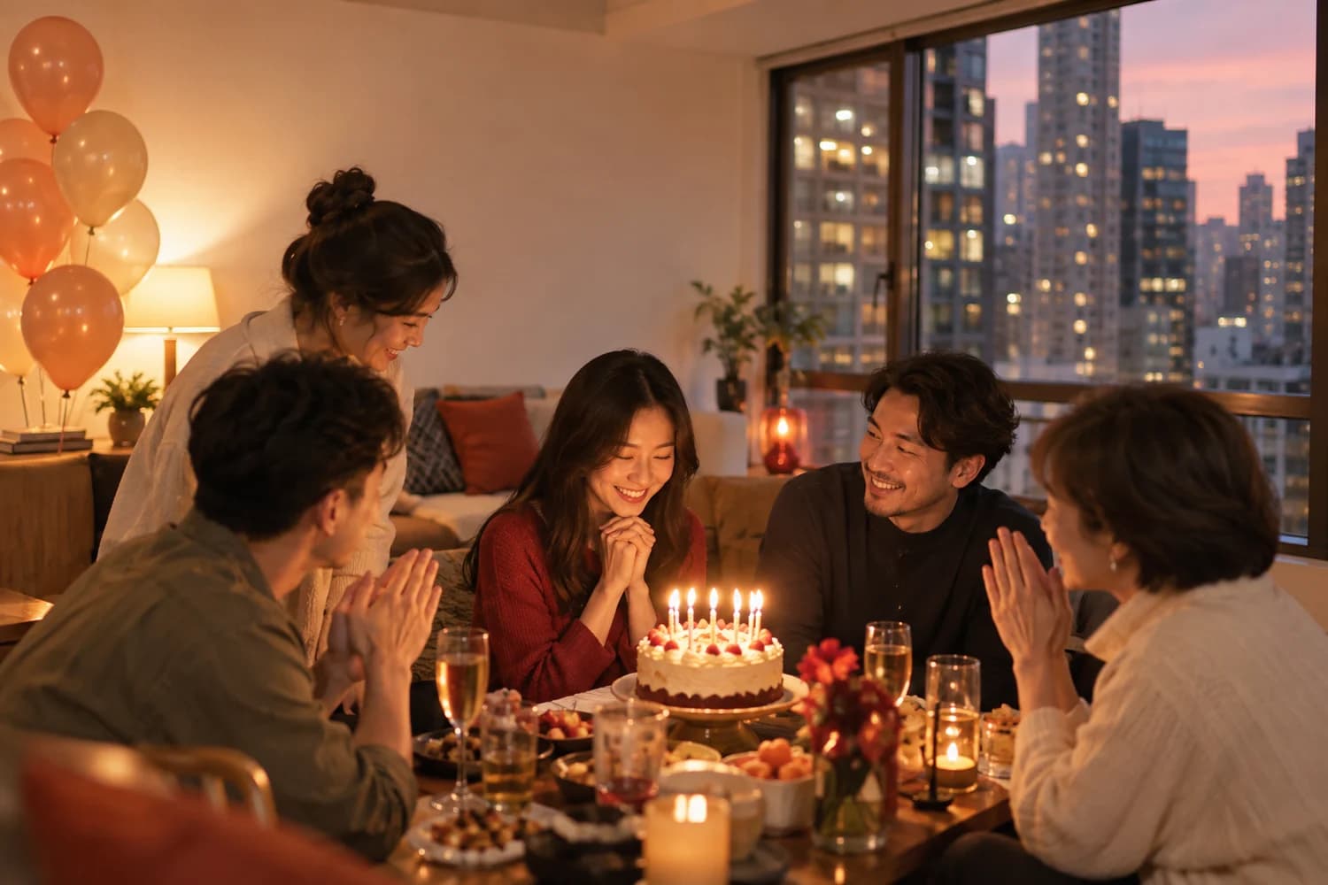 銅鑼灣樓上 party room 入面，幾個朋友圍住蛋糕慶祝，窗外係對面大廈
