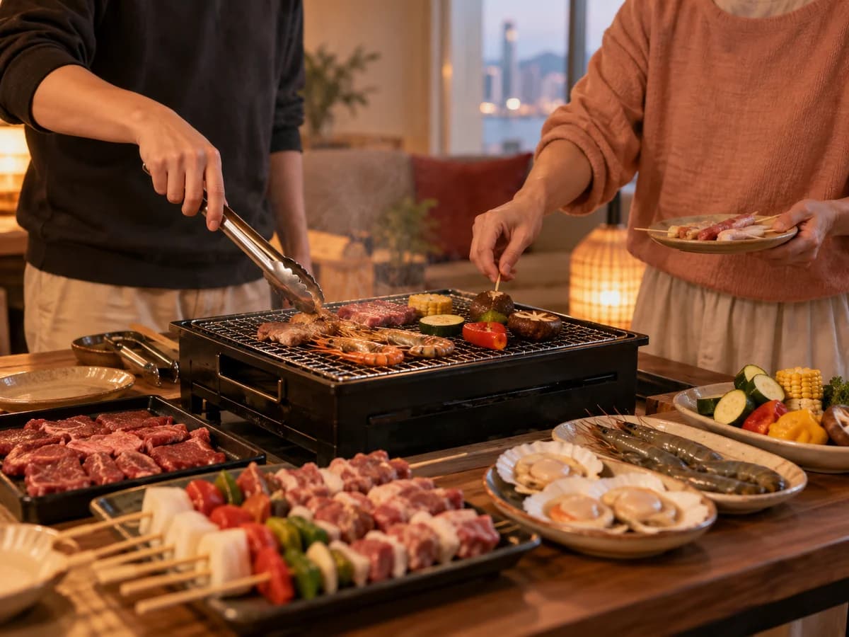 室內燒烤爐旁邊擺好一盤盤生肉、海鮮同蔬菜
