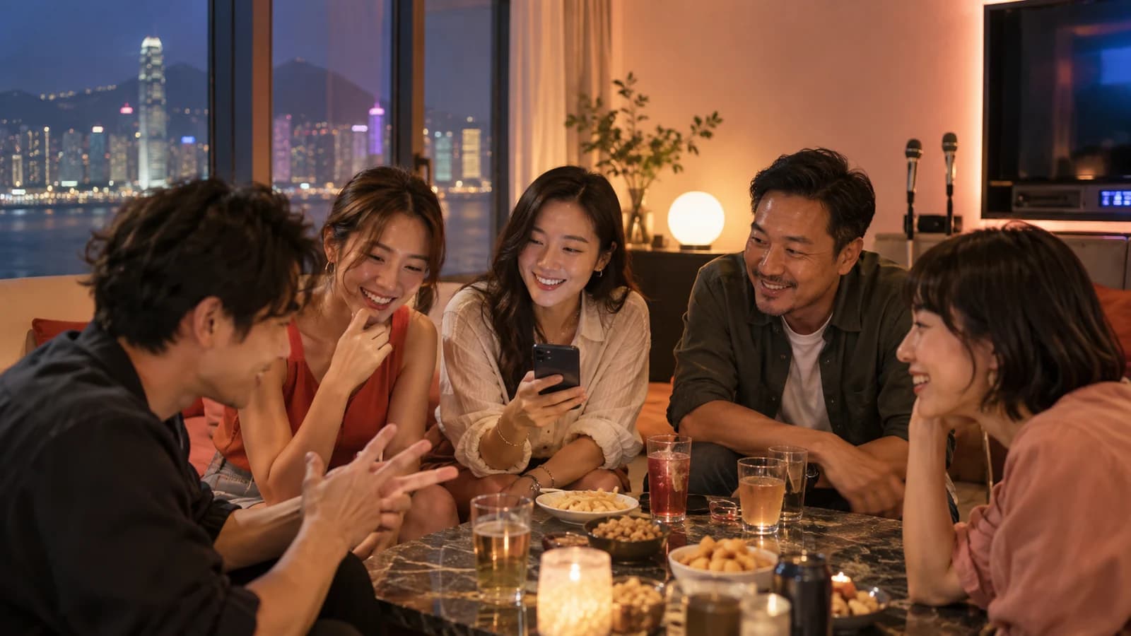 一班朋友喺 Party Room 枱邊用手機計數，枱面有零食同飲品