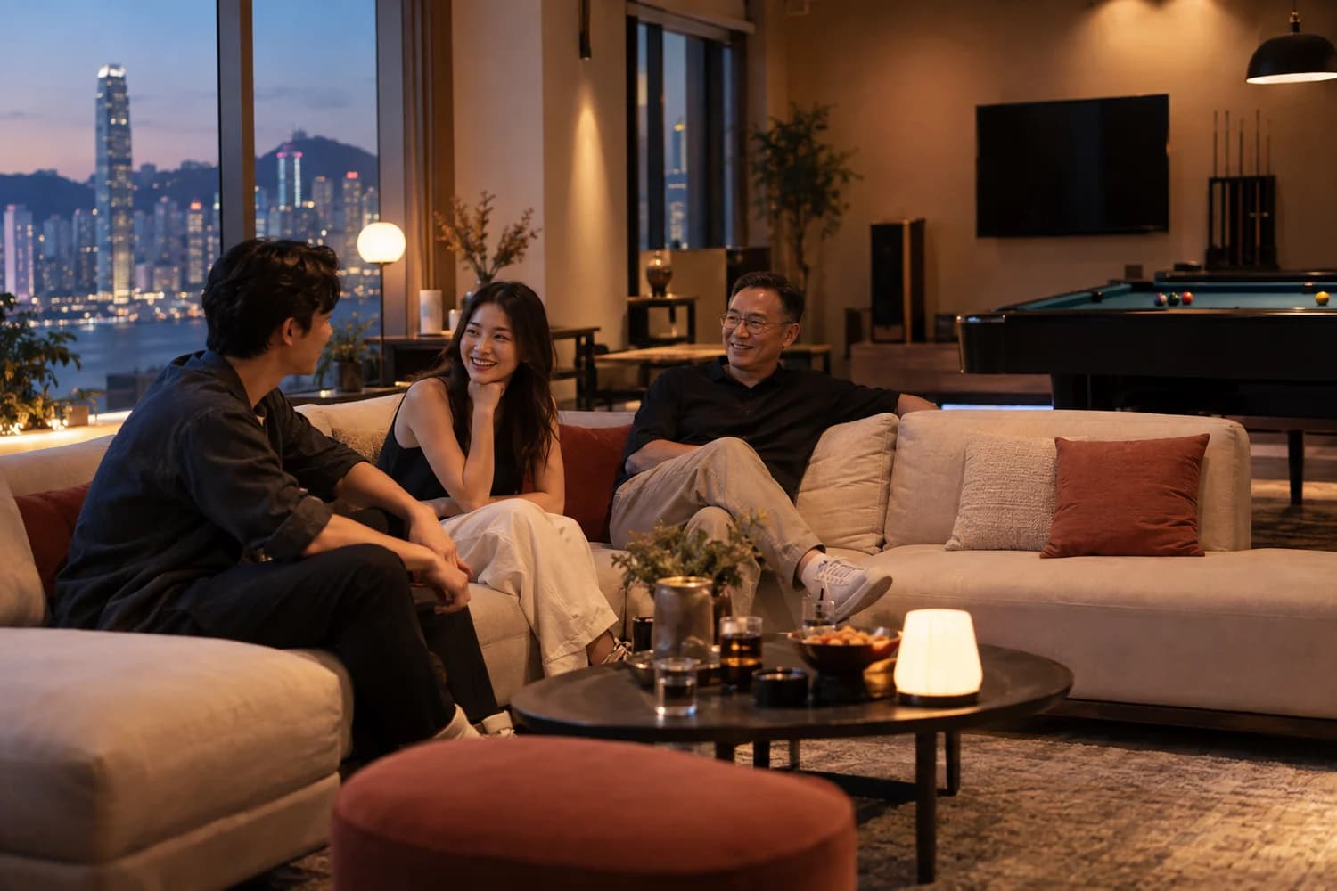 平日夜晚嘅 Party Room，幾個人坐喺梳化傾偈，房入面好寬敞