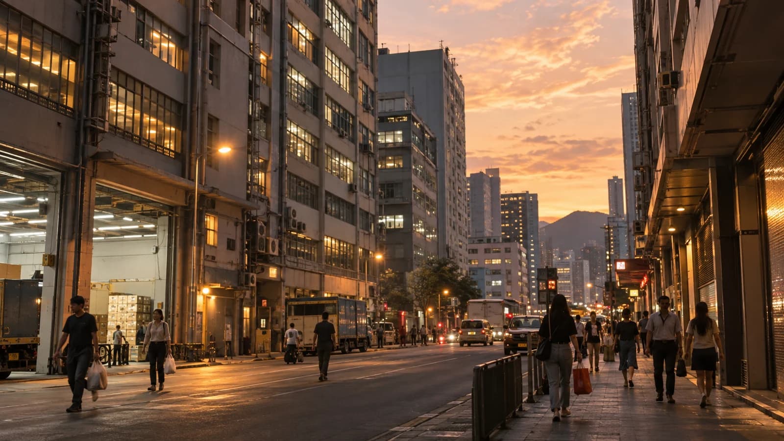 觀塘工業區街景，傍晚時分，兩邊係舊工廈