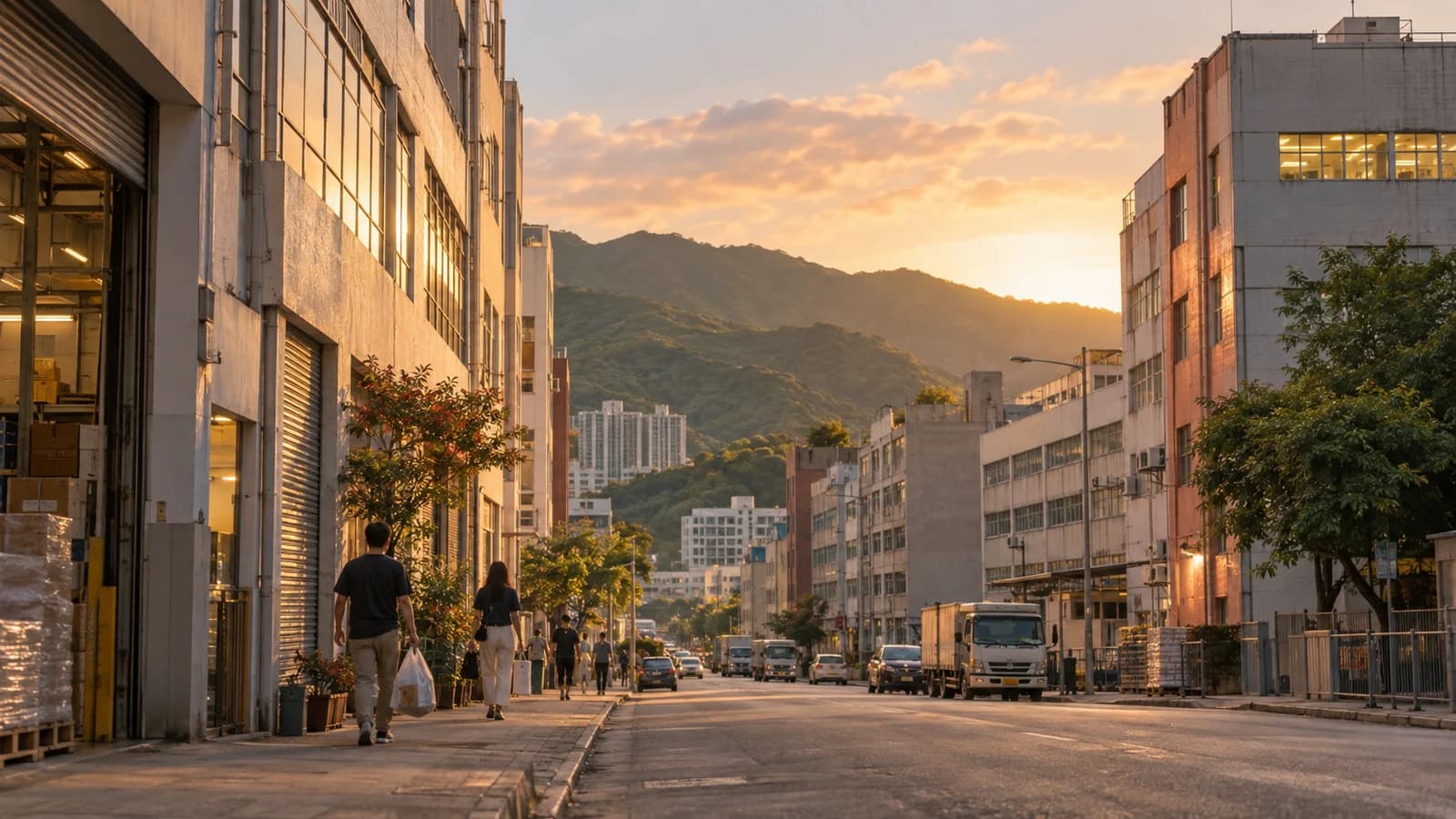 黃昏時火炭工業區街道，兩邊係舊工廈，遠處有山