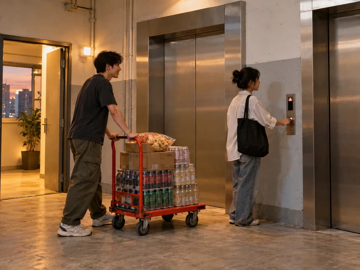 工廈升降機大堂，有人推住手推車載住飲品等𨋢