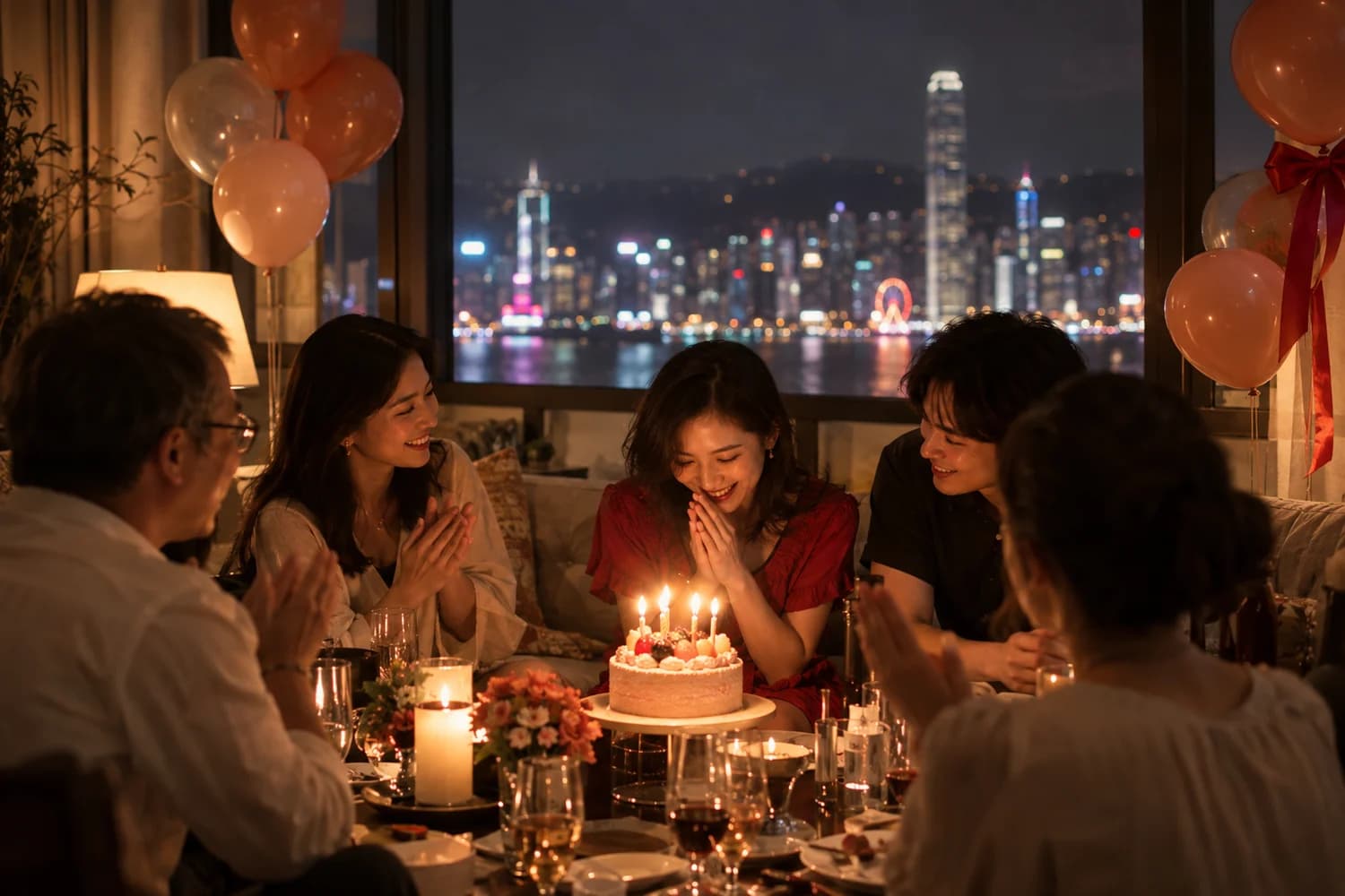 商廈樓上 party room 入面，朋友圍住生日蛋糕，窗外係城市夜景