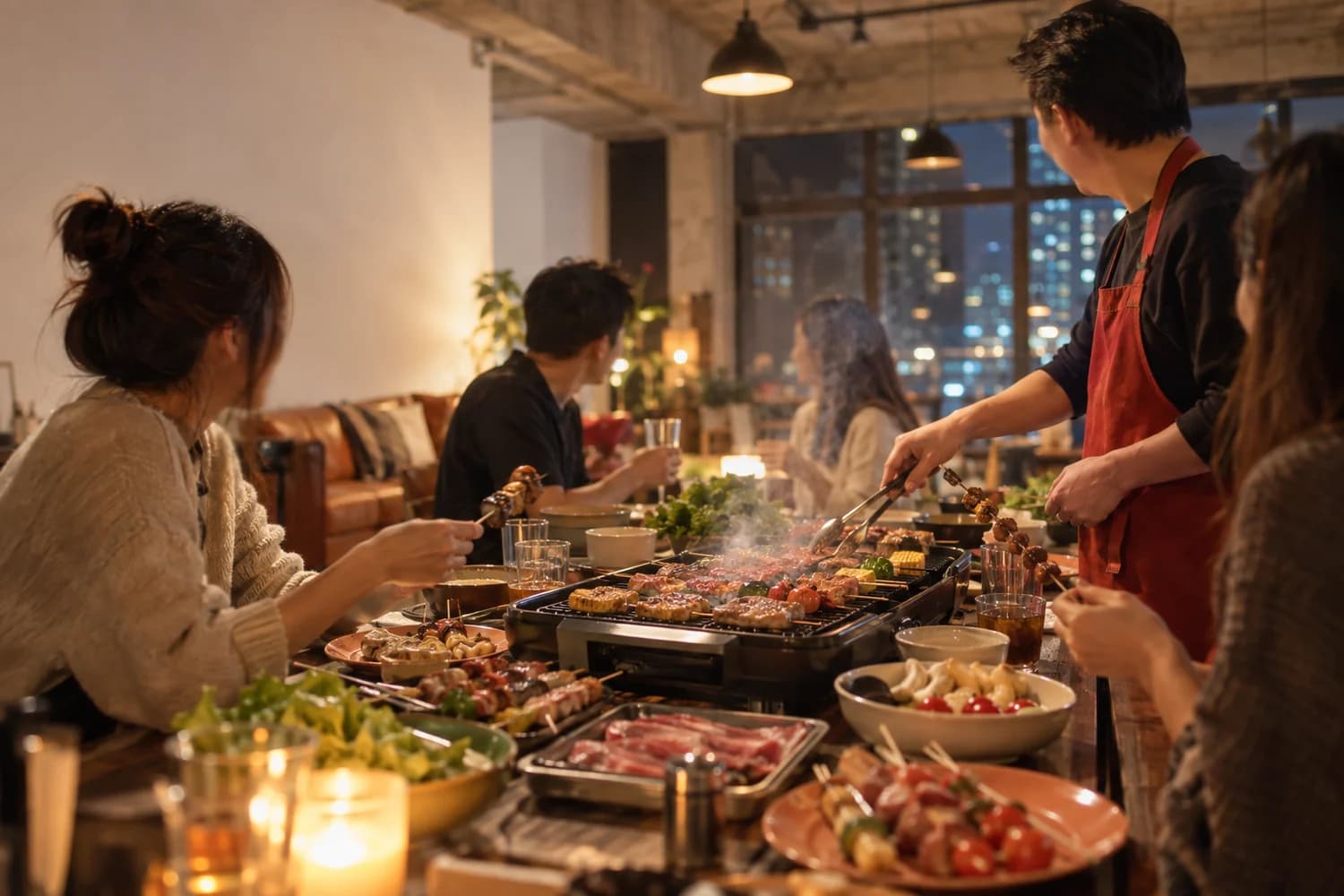 工廈 party room 入面嘅室內燒烤枱，幾個人圍住燒嘢食