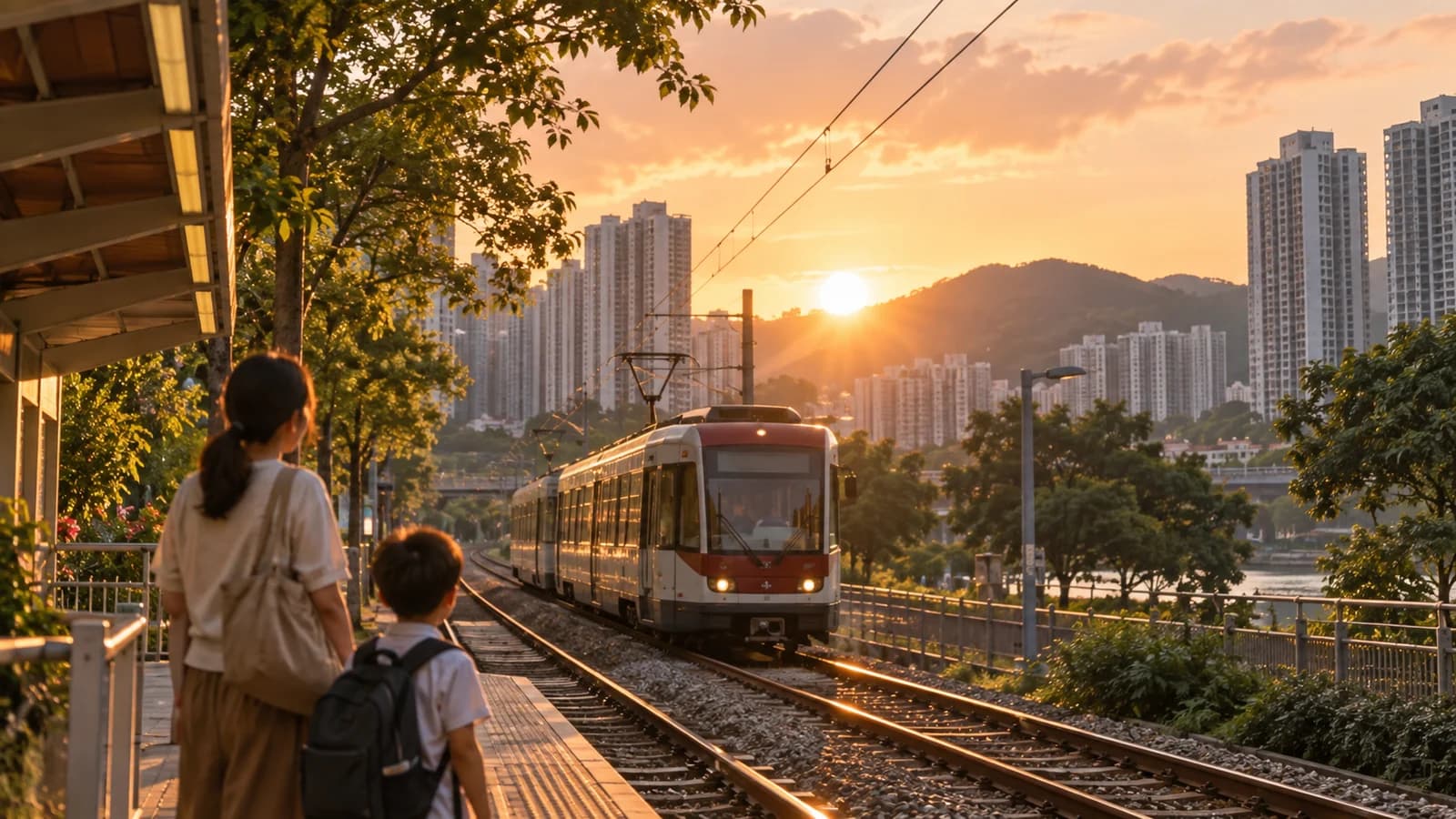 黃昏時屯門嘅輕鐵列車駛過，背景係住宅大廈同山