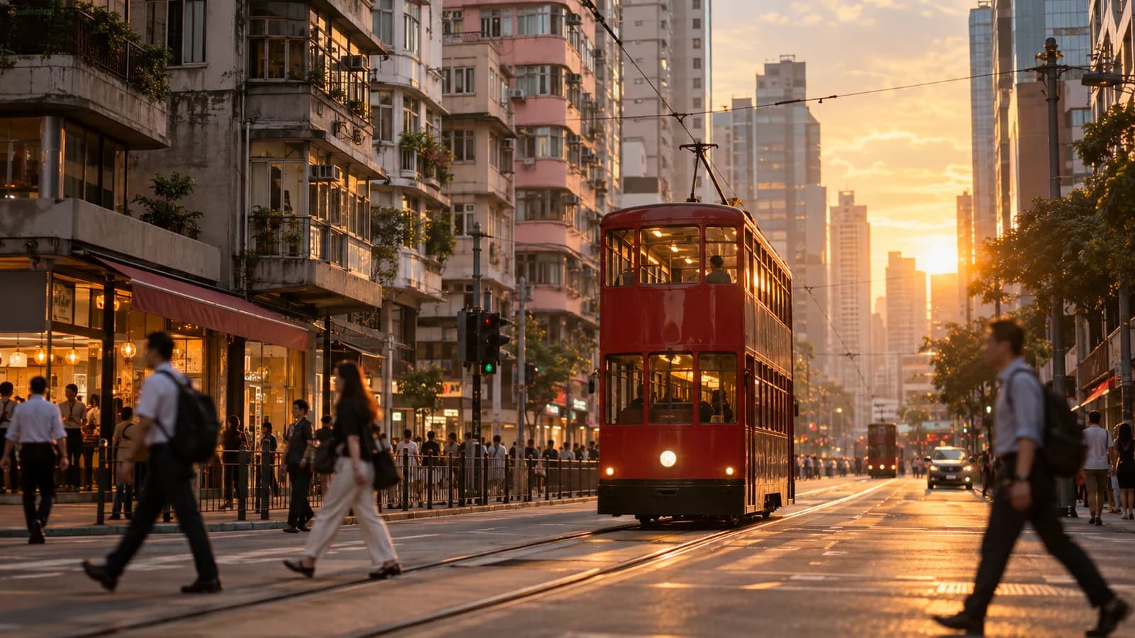 A tram on a Wan Chai street at sunset, between older tenements and office towers