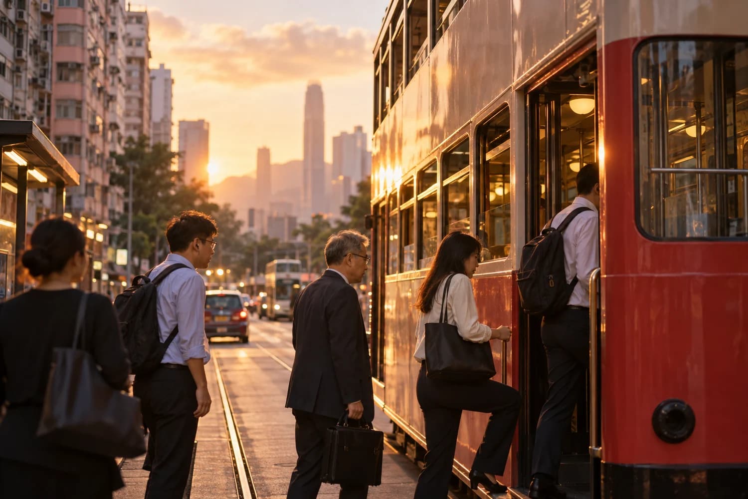 Commuters boarding a tram at a Wan Chai stop at sunset