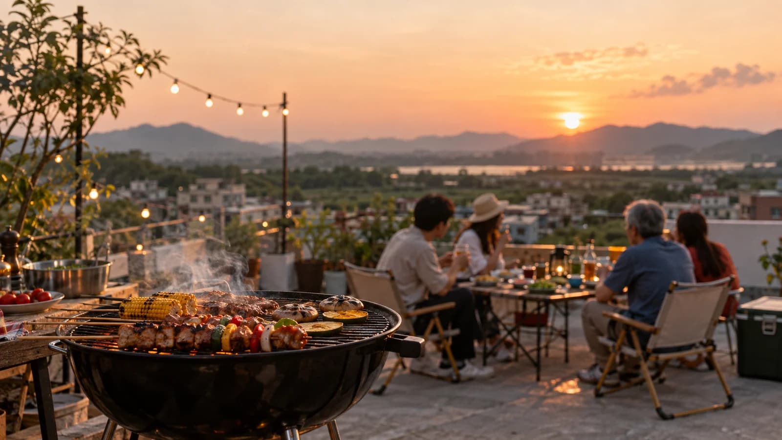 A smoking rooftop barbecue at sunset, with New Territories hills and fields in the distance