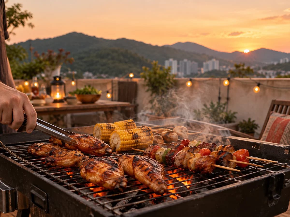 Chicken wings and corn on a rooftop grill, with string lights on the railing behind