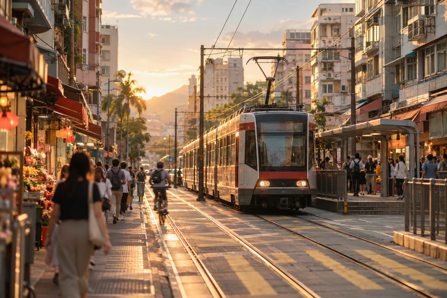 A Light Rail tram running along a Yuen Long town-centre street at sunset