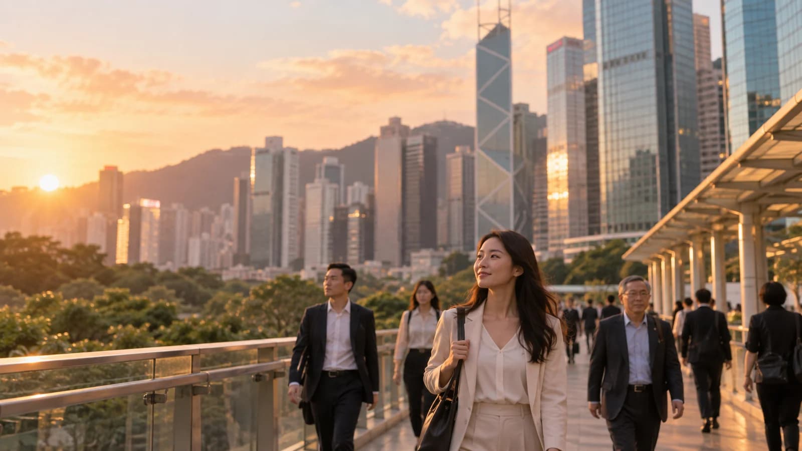 黃昏時金鐘天橋，上班族行過