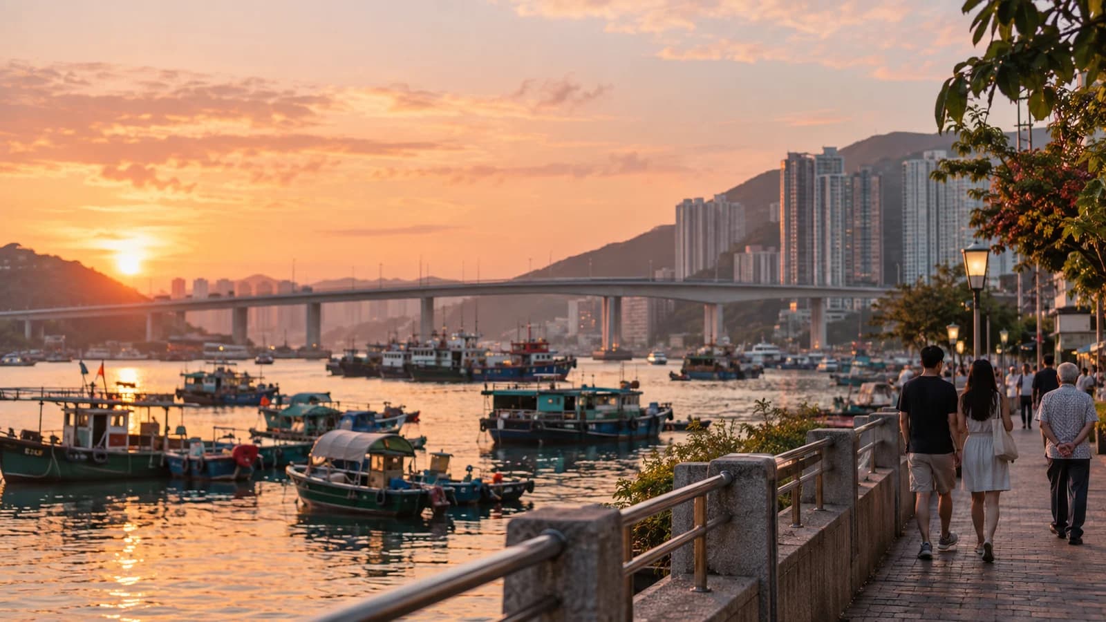 黃昏時由鴨脷洲海旁望向對岸，海面泊住漁船