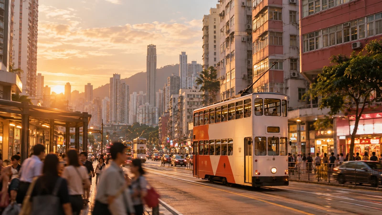 黃昏時分銅鑼灣街頭，電車駛過密集嘅大廈