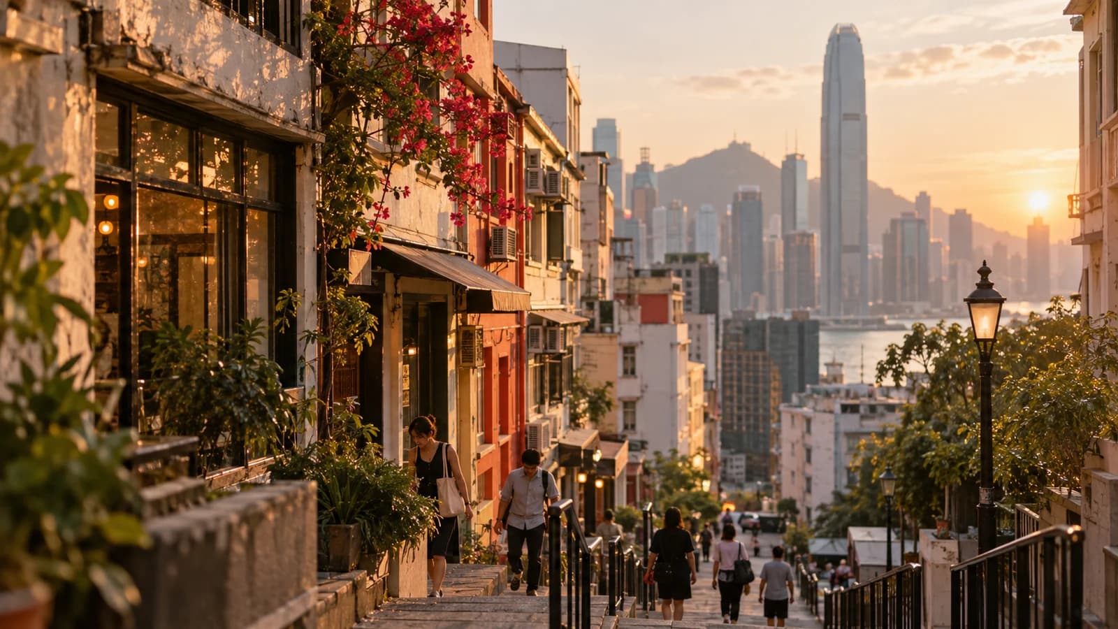 黃昏時中環斜路上嘅舊樓同行人