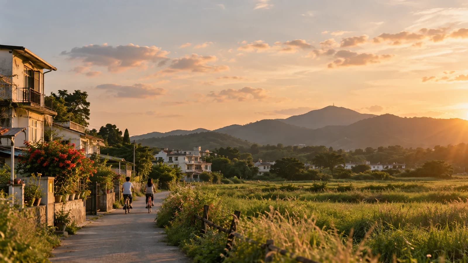粉嶺郊外嘅村屋同田野，黃昏時分
