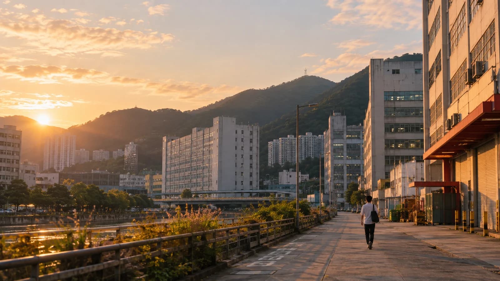 火炭工業大廈，背景係山，黃昏時分