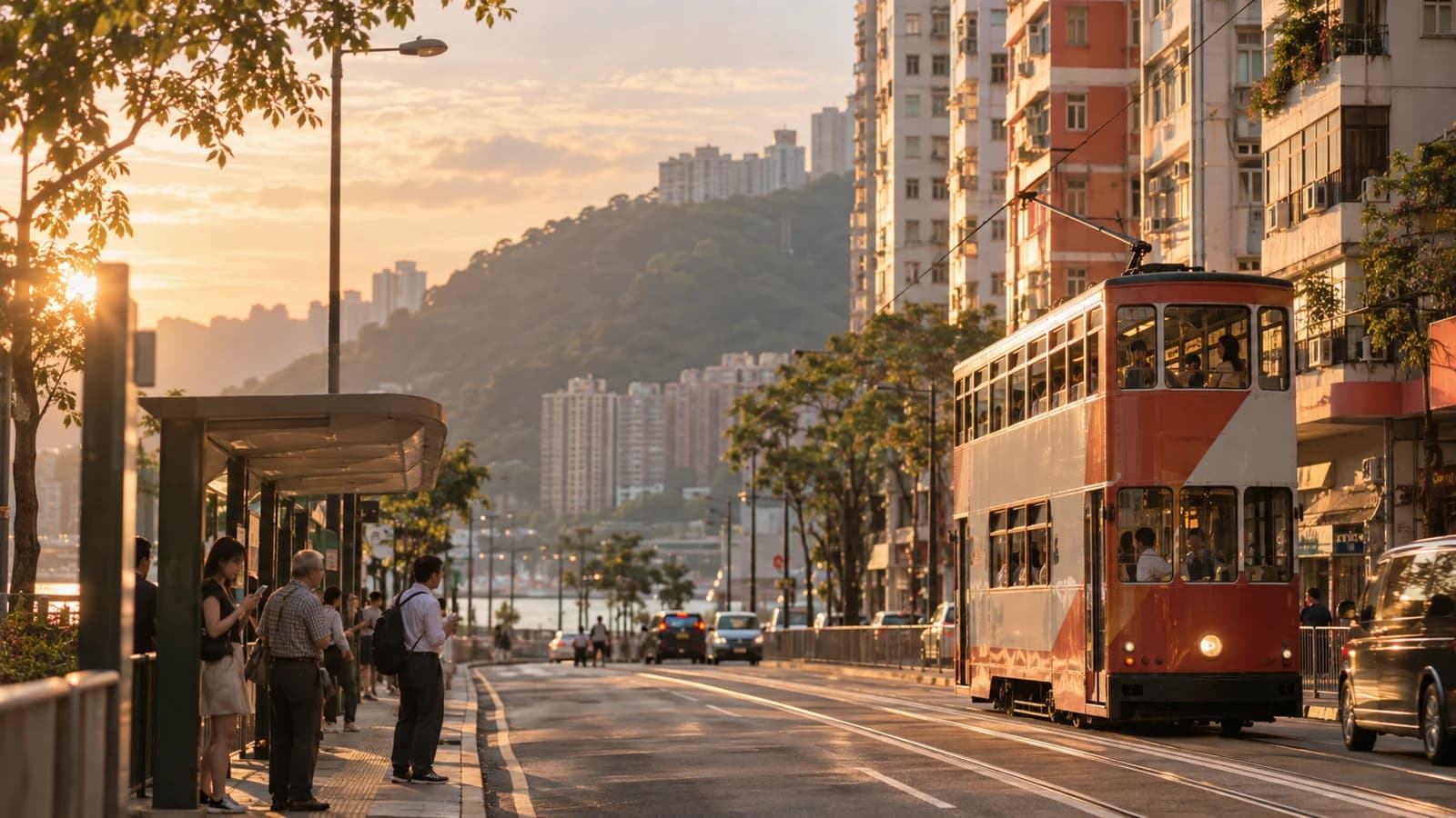 黃昏時炮台山英皇道，電車同住宅大廈