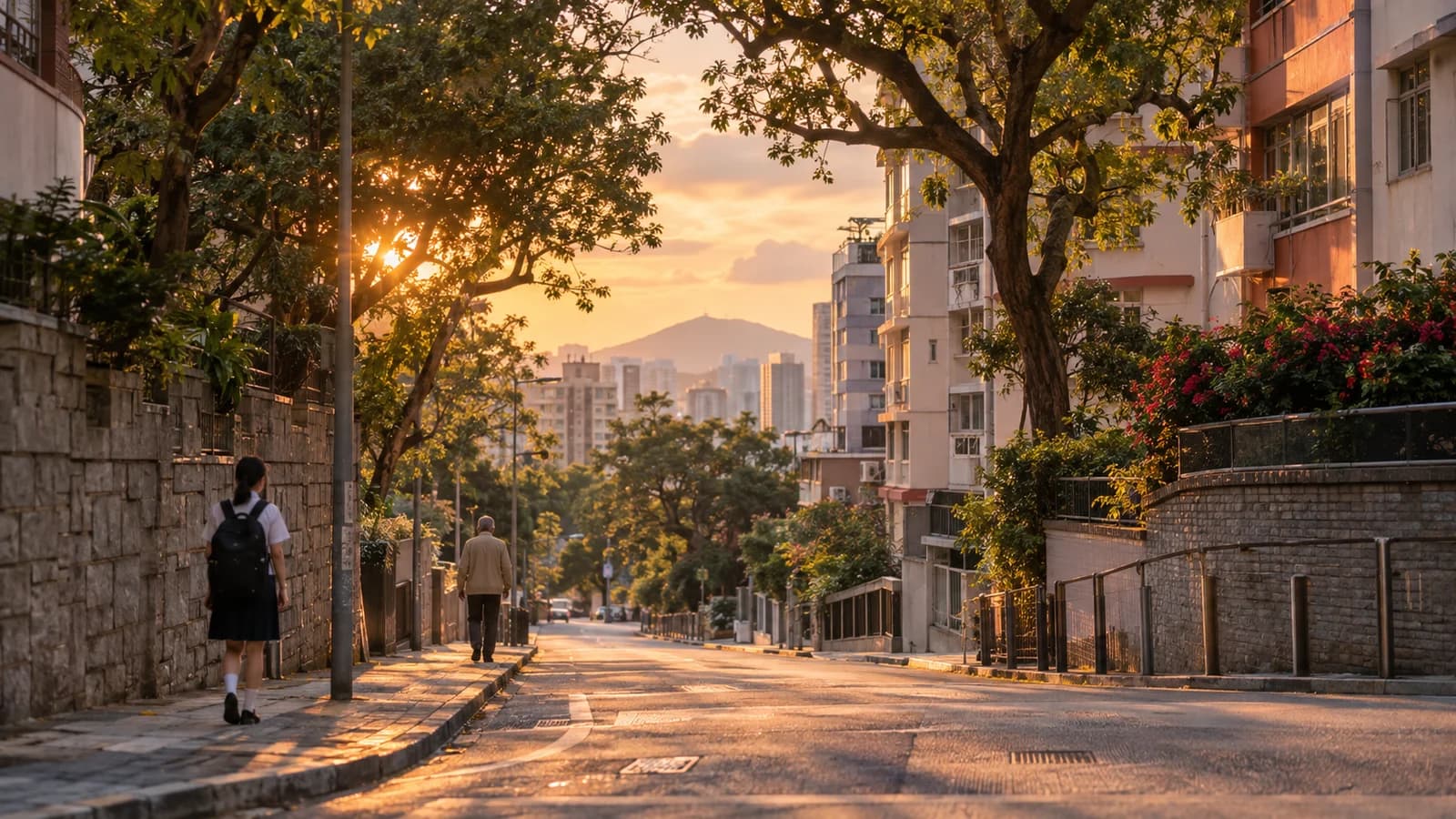 何文田住宅區街道，黃昏樹影