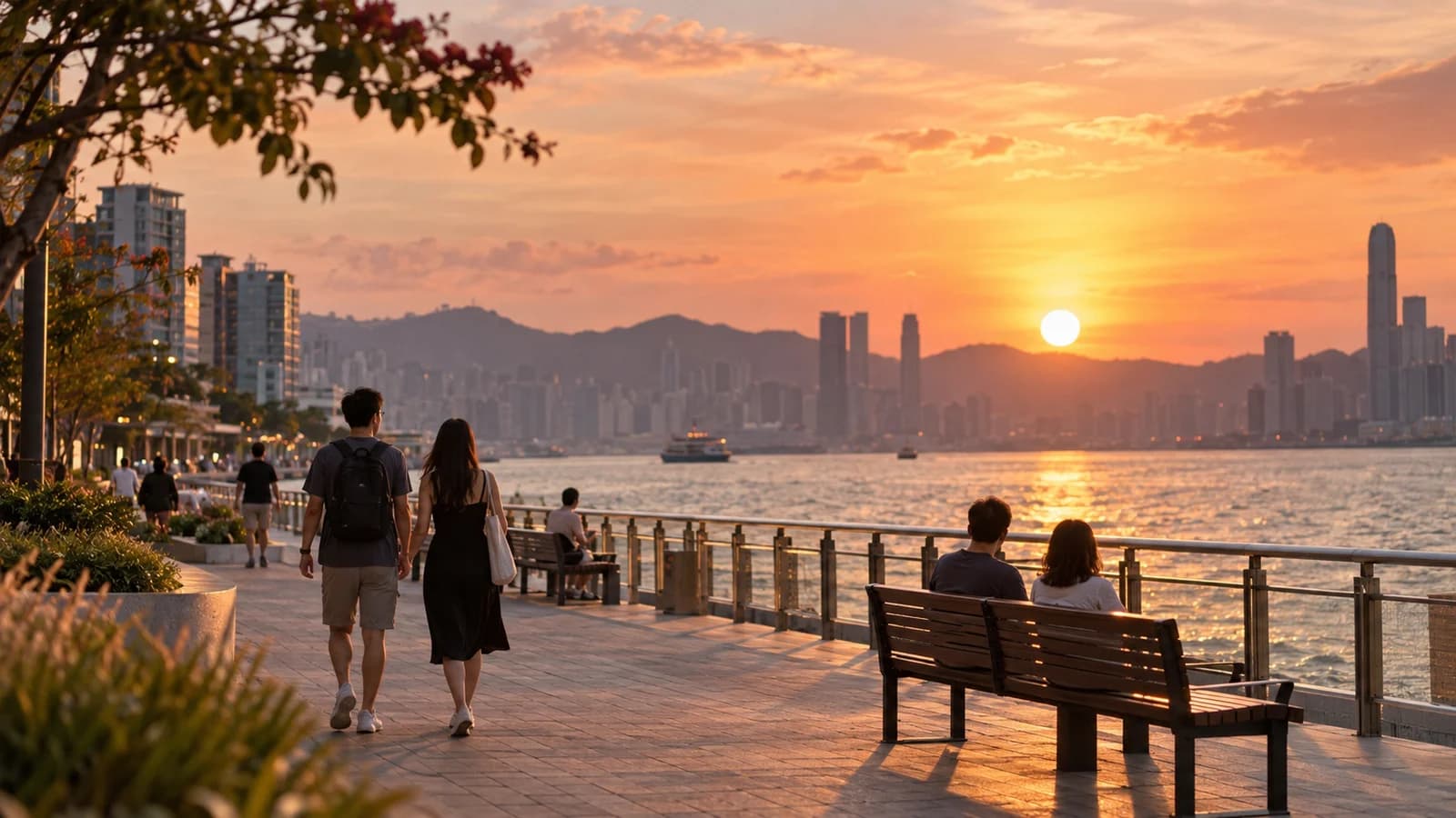 紅磡海濱黃昏，海旁長廊同對岸景色