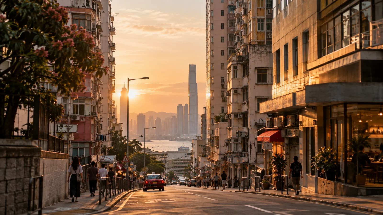 佐敦街頭黃昏，舊樓同行人路