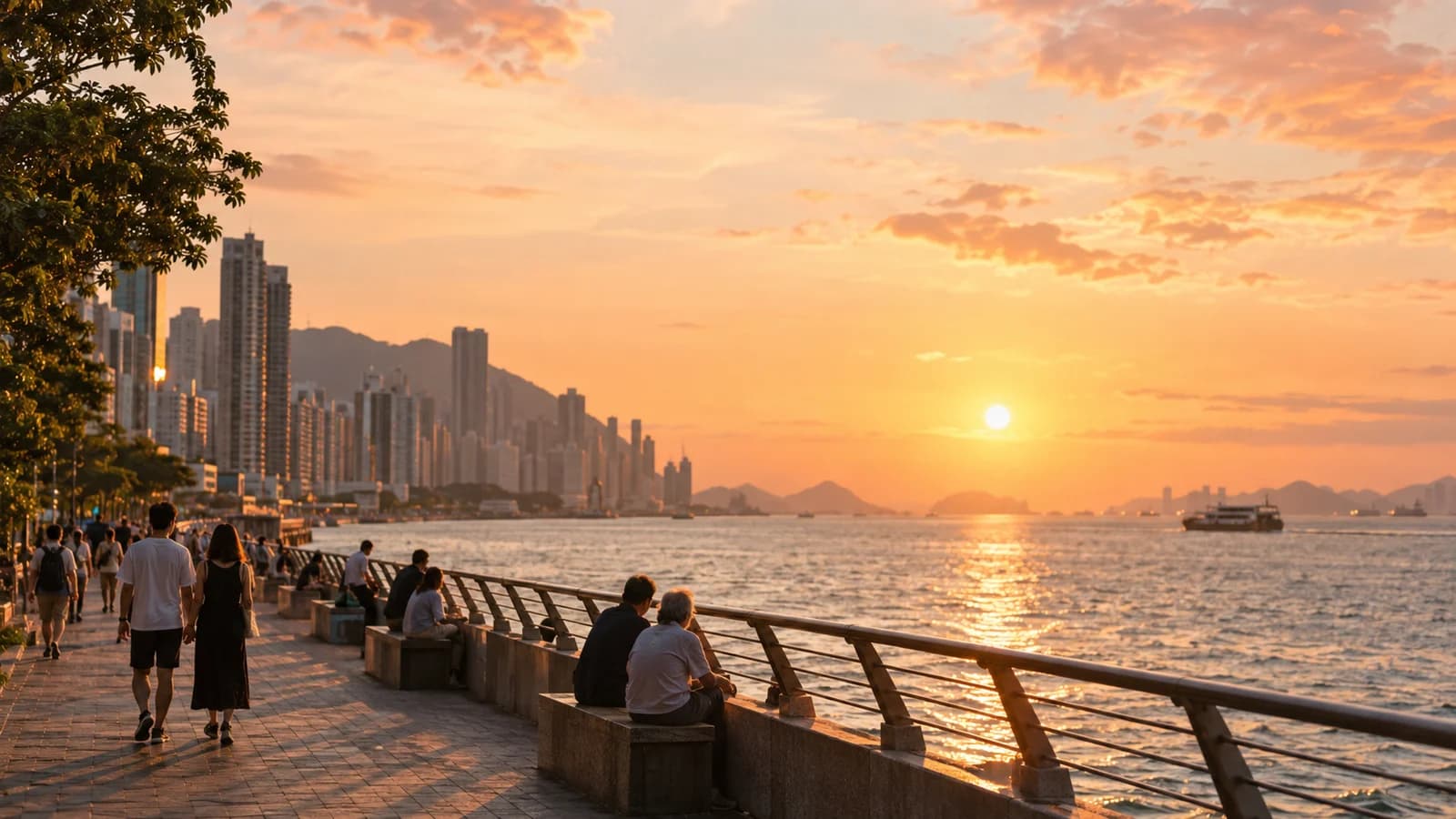 日落時堅尼地城海旁，有人喺海邊散步