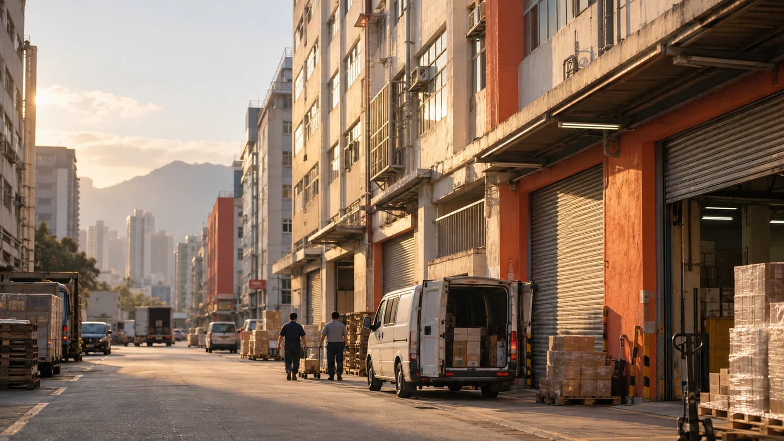 葵涌工業區街景，夕陽照喺工業大廈外牆