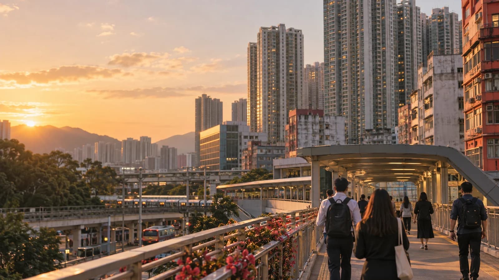 葵芳站附近嘅行人天橋同住宅大廈，黃昏時分
