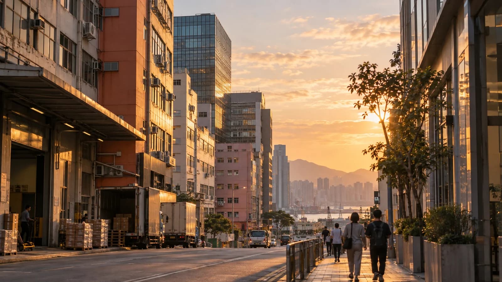 觀塘工業區街景，黃昏時分工廈亮起燈
