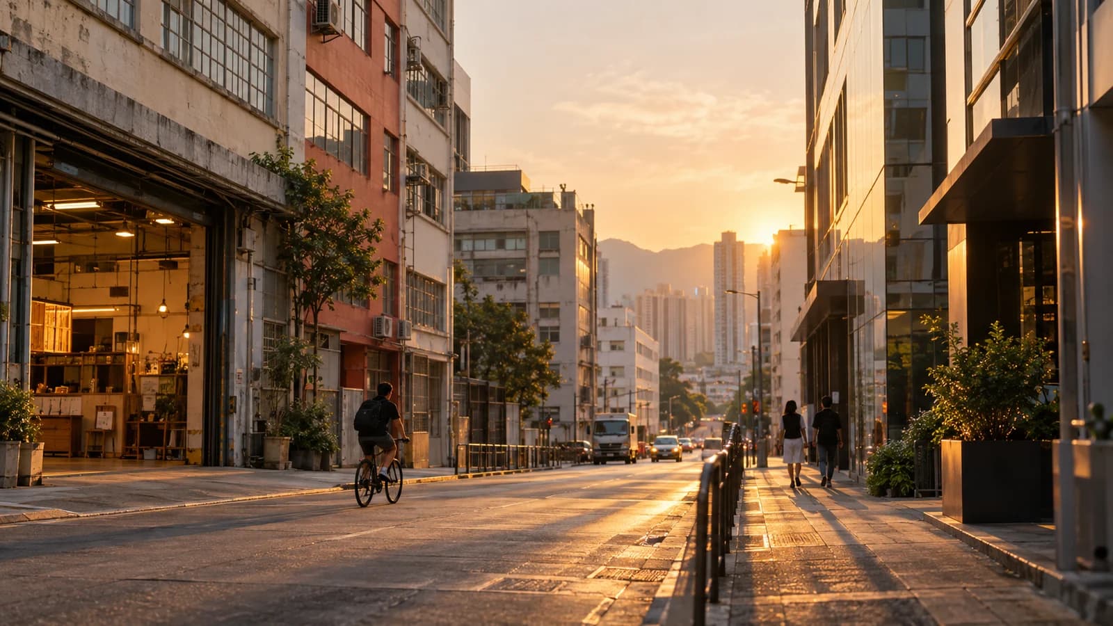 荔枝角工業區街景，黃昏陽光照住新舊工廈