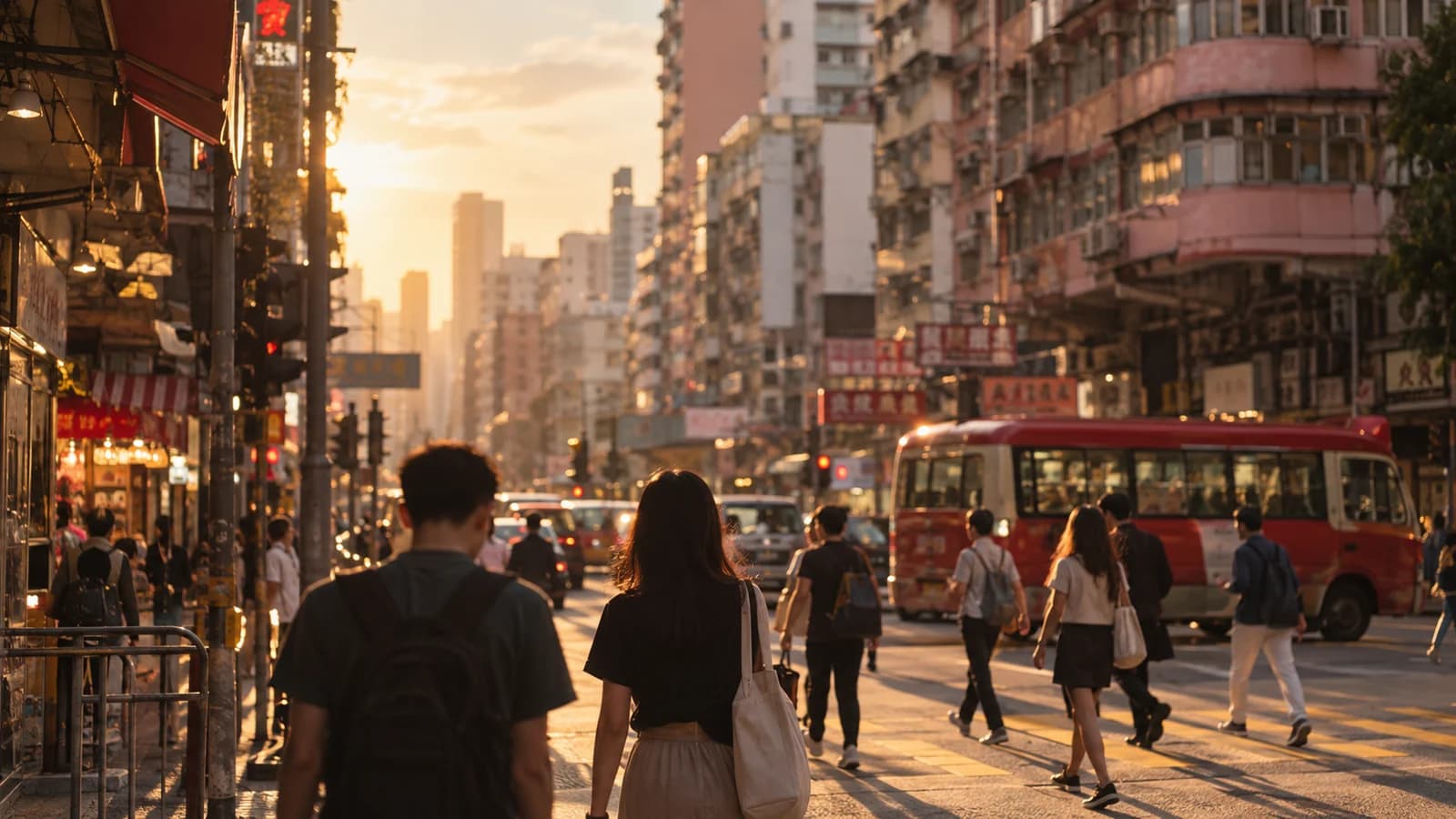旺角街頭，黃昏時分行人同霓虹燈