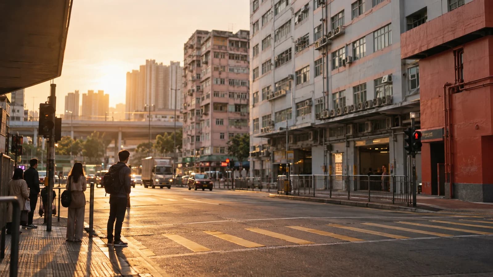 牛頭角觀塘道旁嘅工業大廈，黃昏陽光