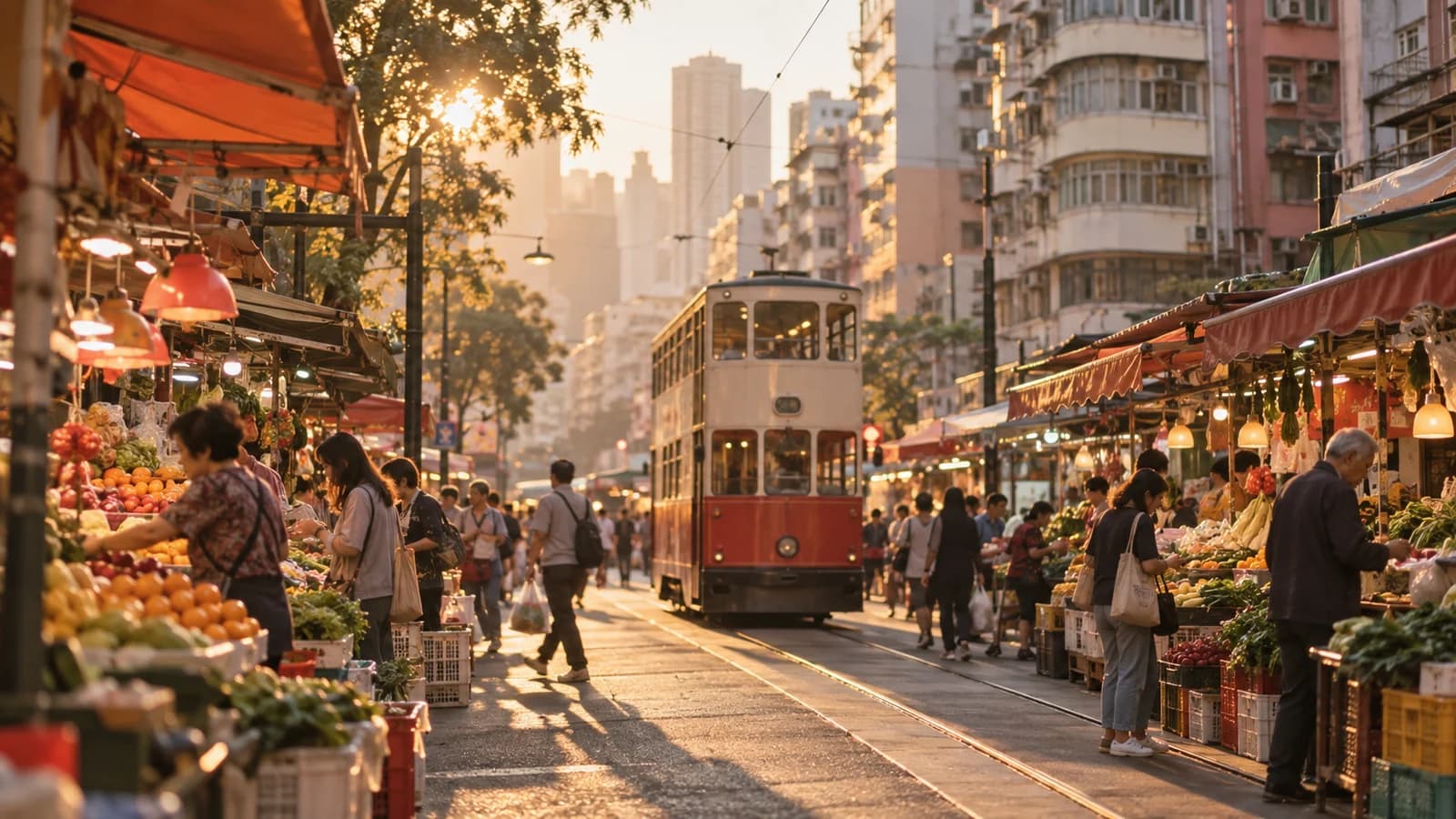 黃昏時北角街市，電車喺街坊之間慢慢駛過