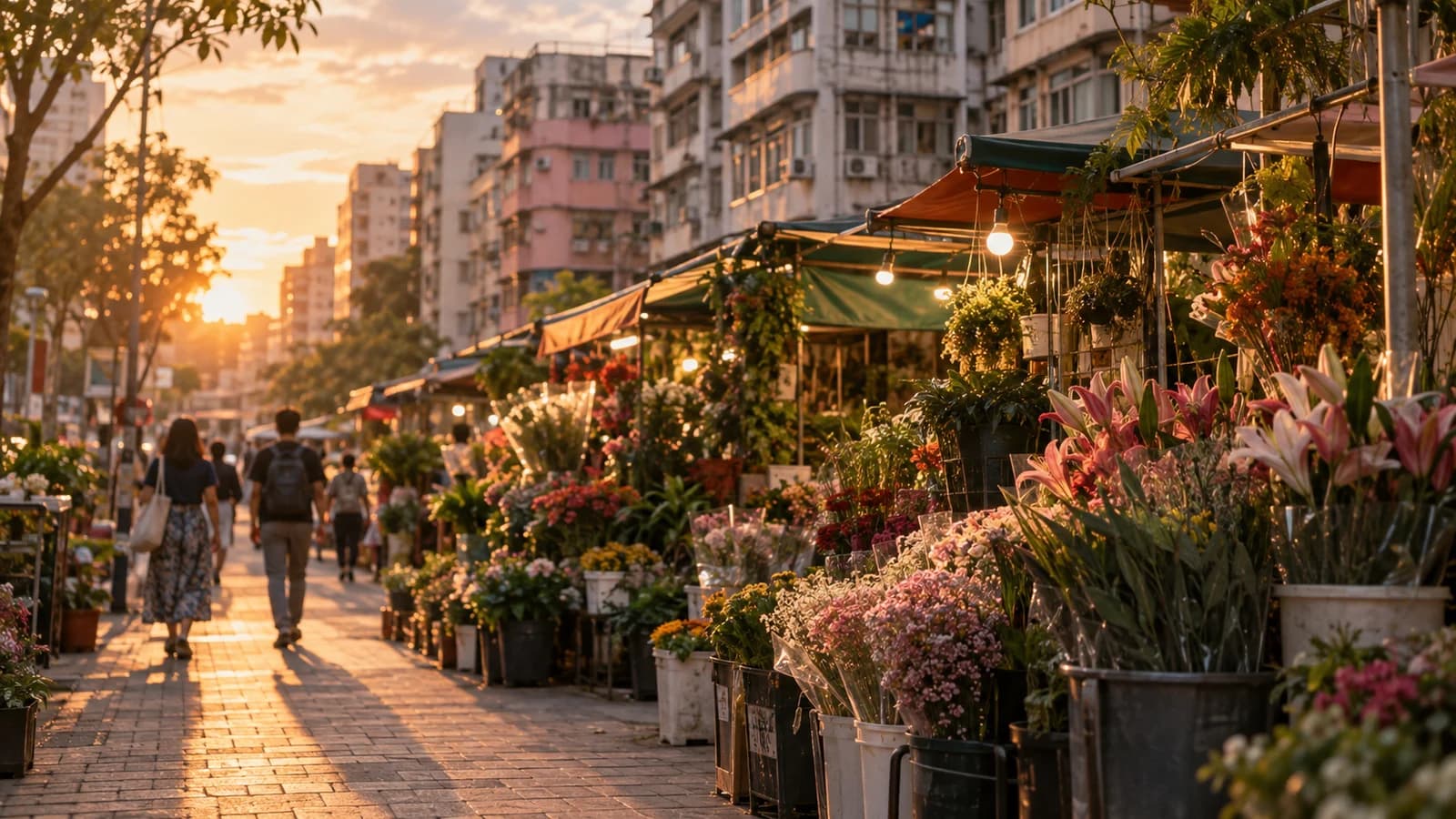 太子花墟附近街道，黃昏陽光照住花檔
