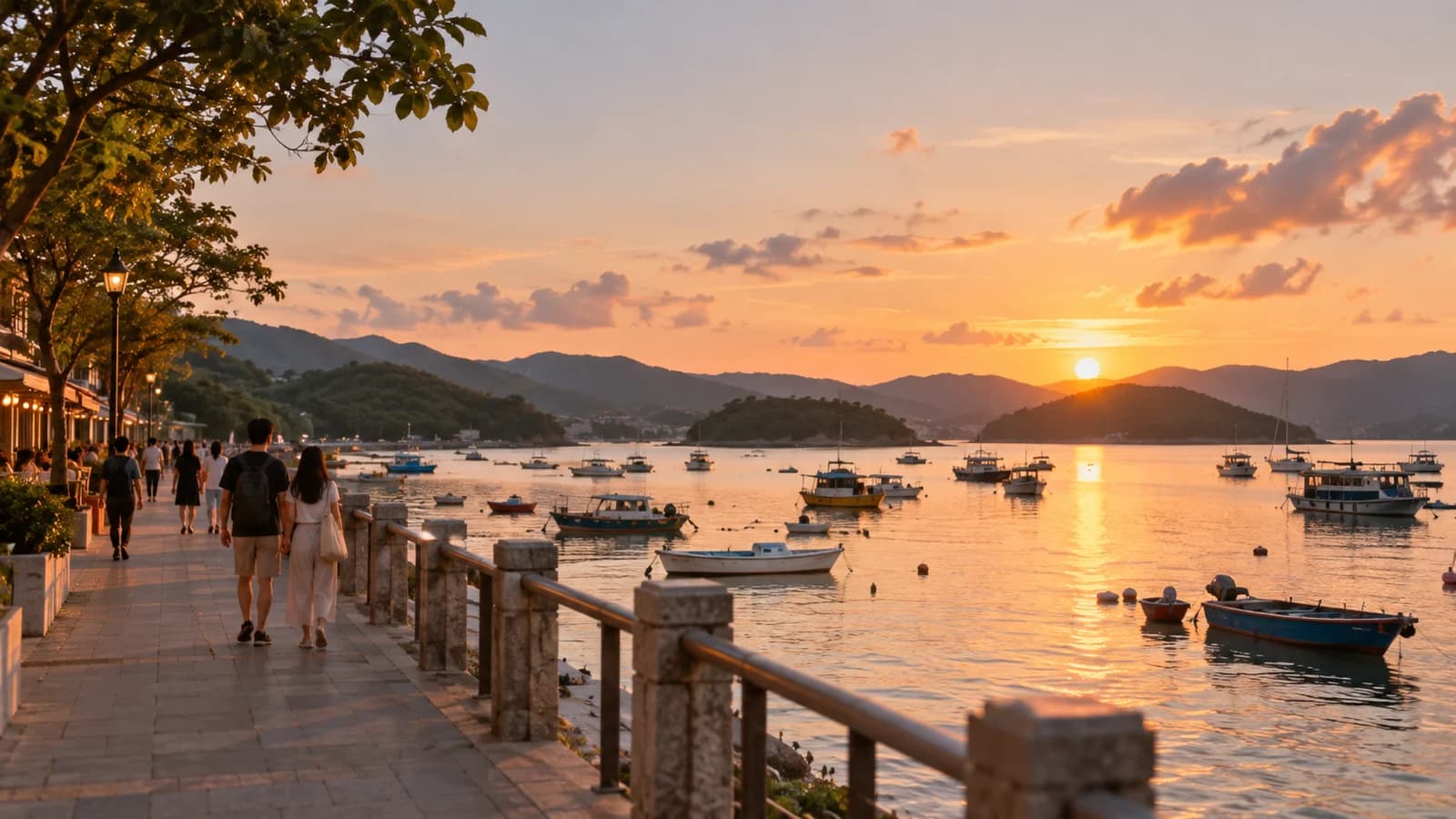 西貢海旁，日落時分有船泊喺岸邊