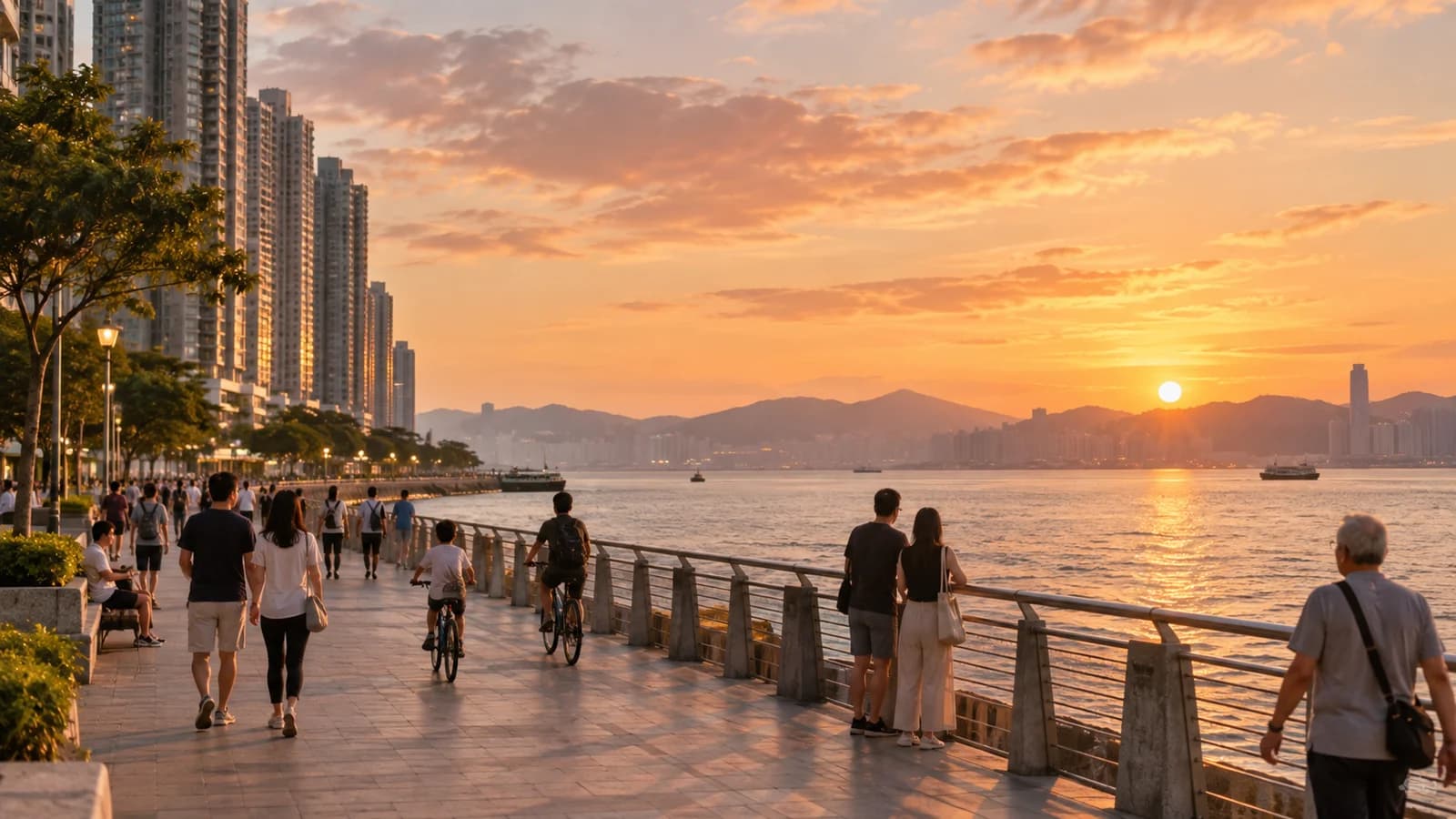 黃昏時西灣河海旁，街坊喺長廊散步