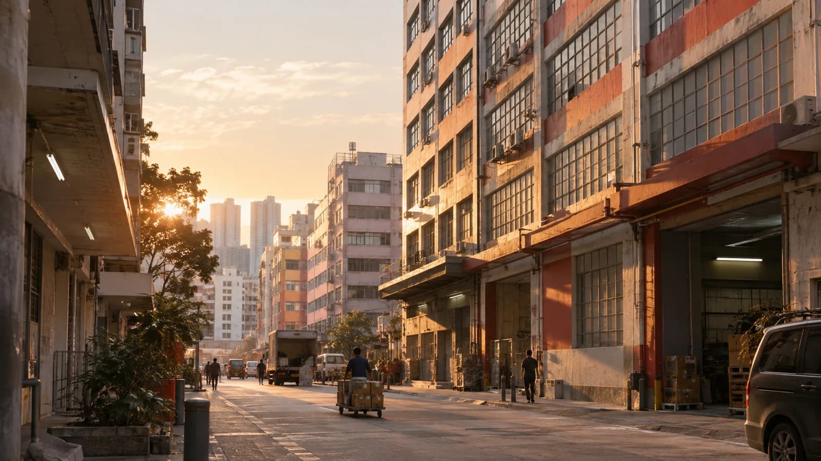 新蒲崗工業區街道，傍晚陽光照住工廈外牆